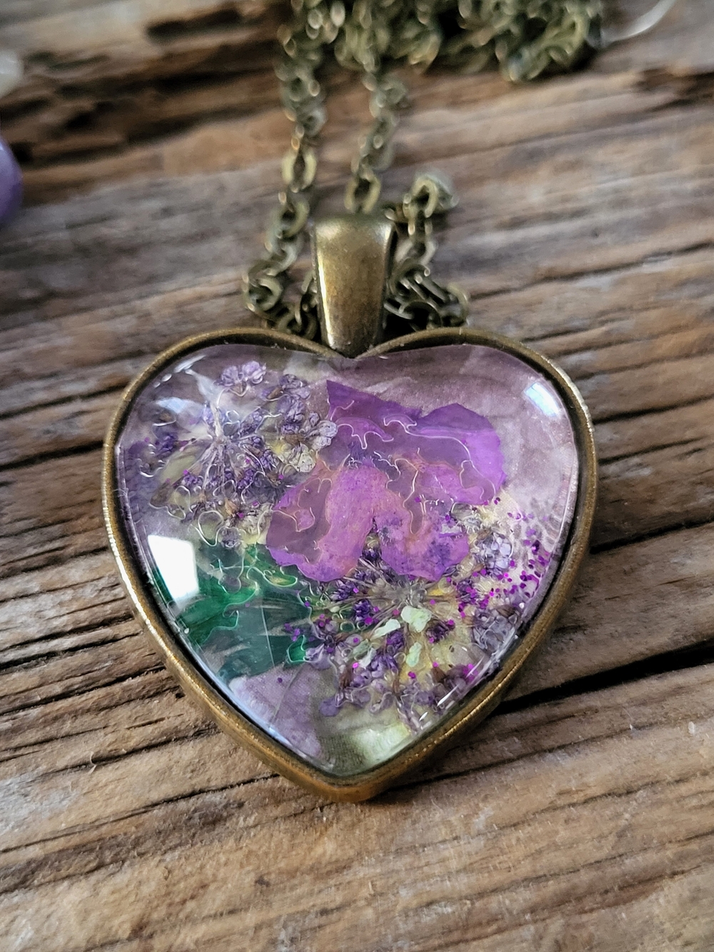 Heart Pendant Necklace with Purple Floral Under Glass Inlay